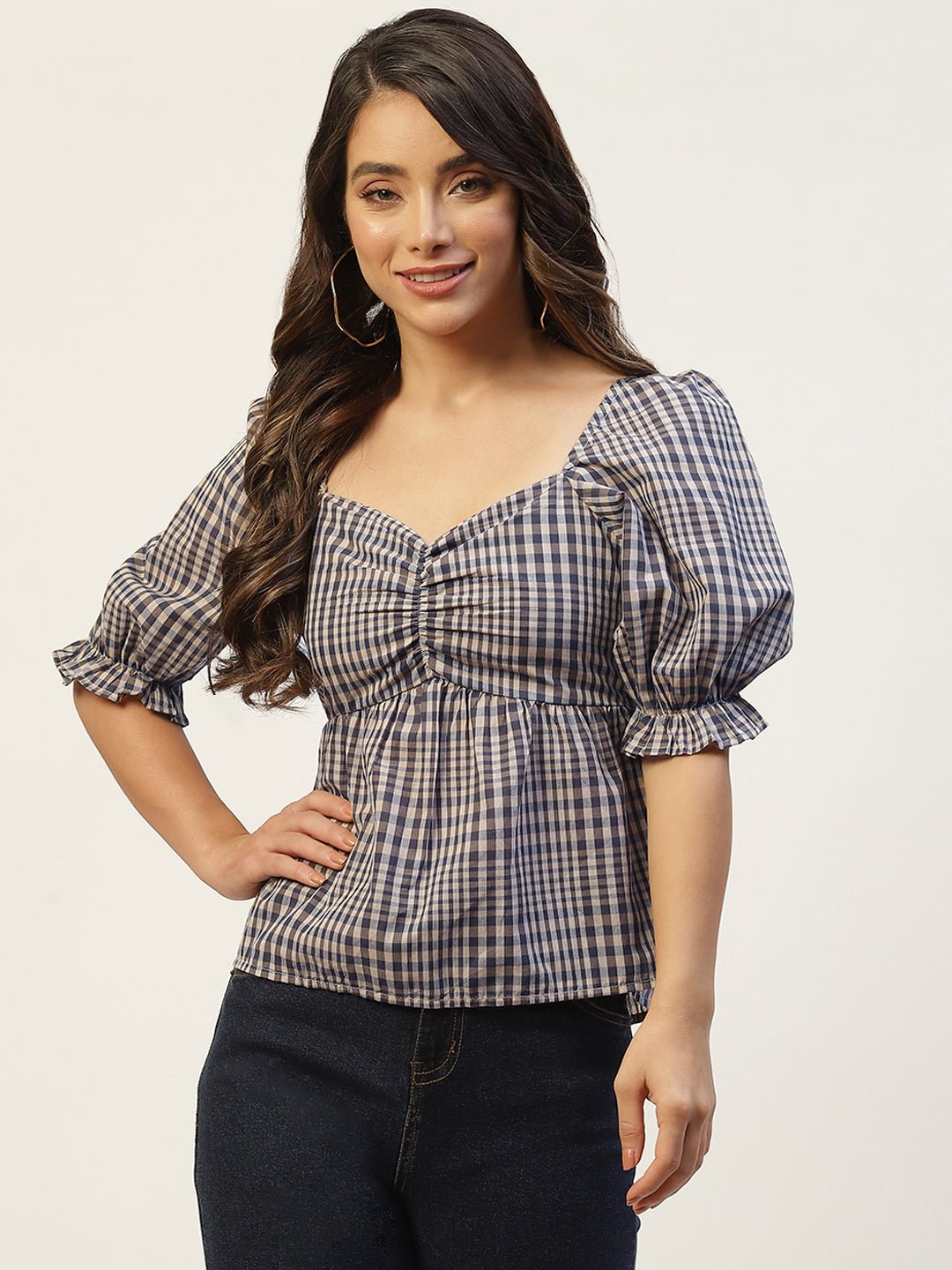 Grey & Black Checked Sweetheart Neck Twisted Top - RueCollections