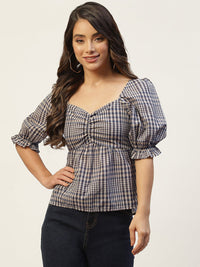 Thumbnail for Grey & Black Checked Sweetheart Neck Twisted Top - RueCollections