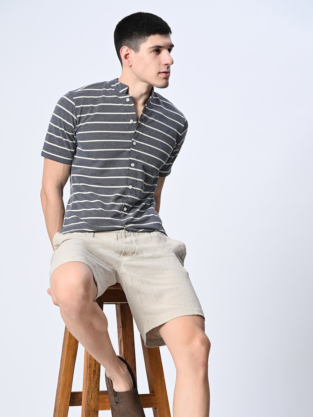 Grey Striped Pure Cotton Shirt - RueCollections