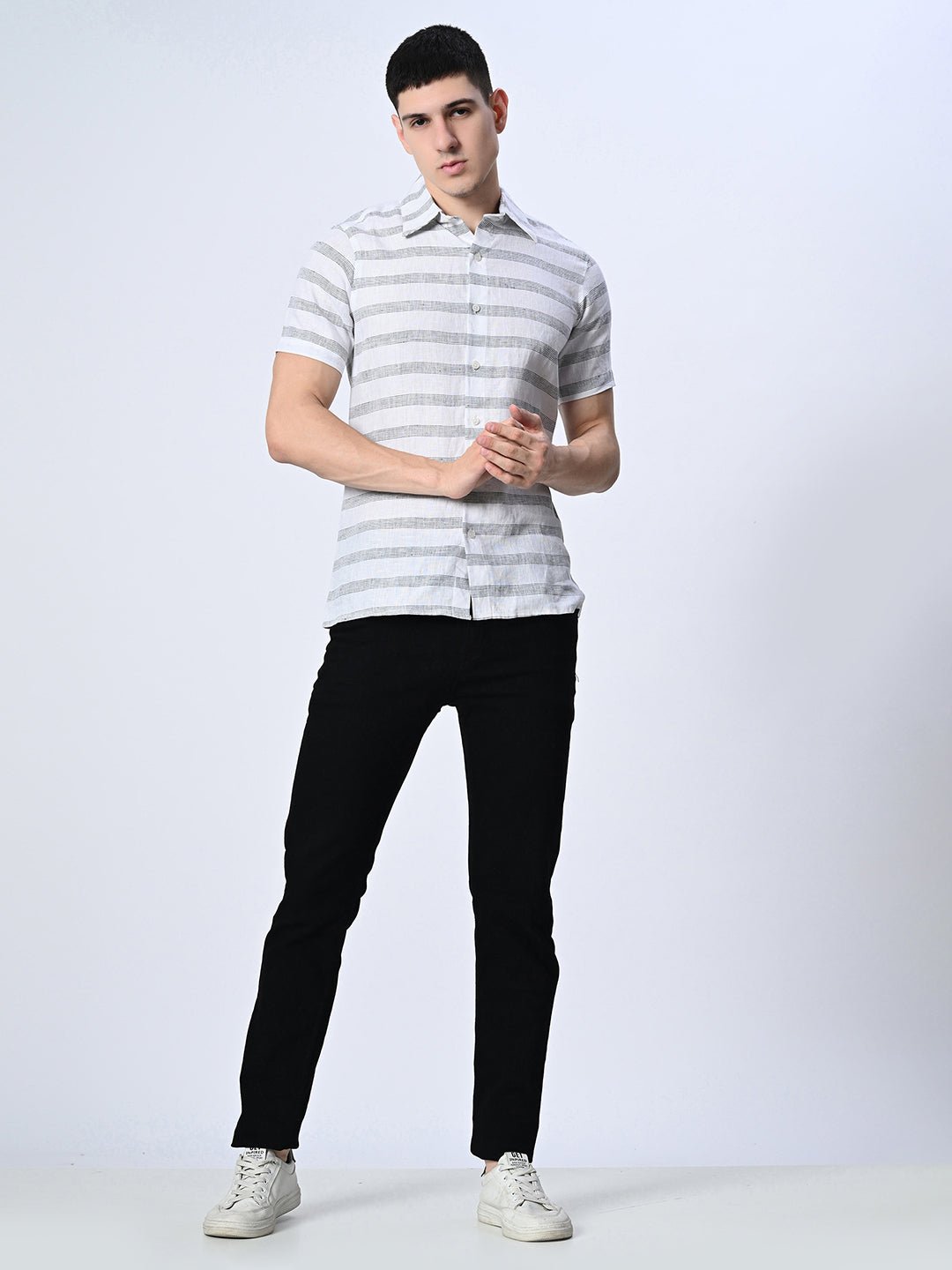 Grey Striped Pure Cotton Shirt - RueCollections