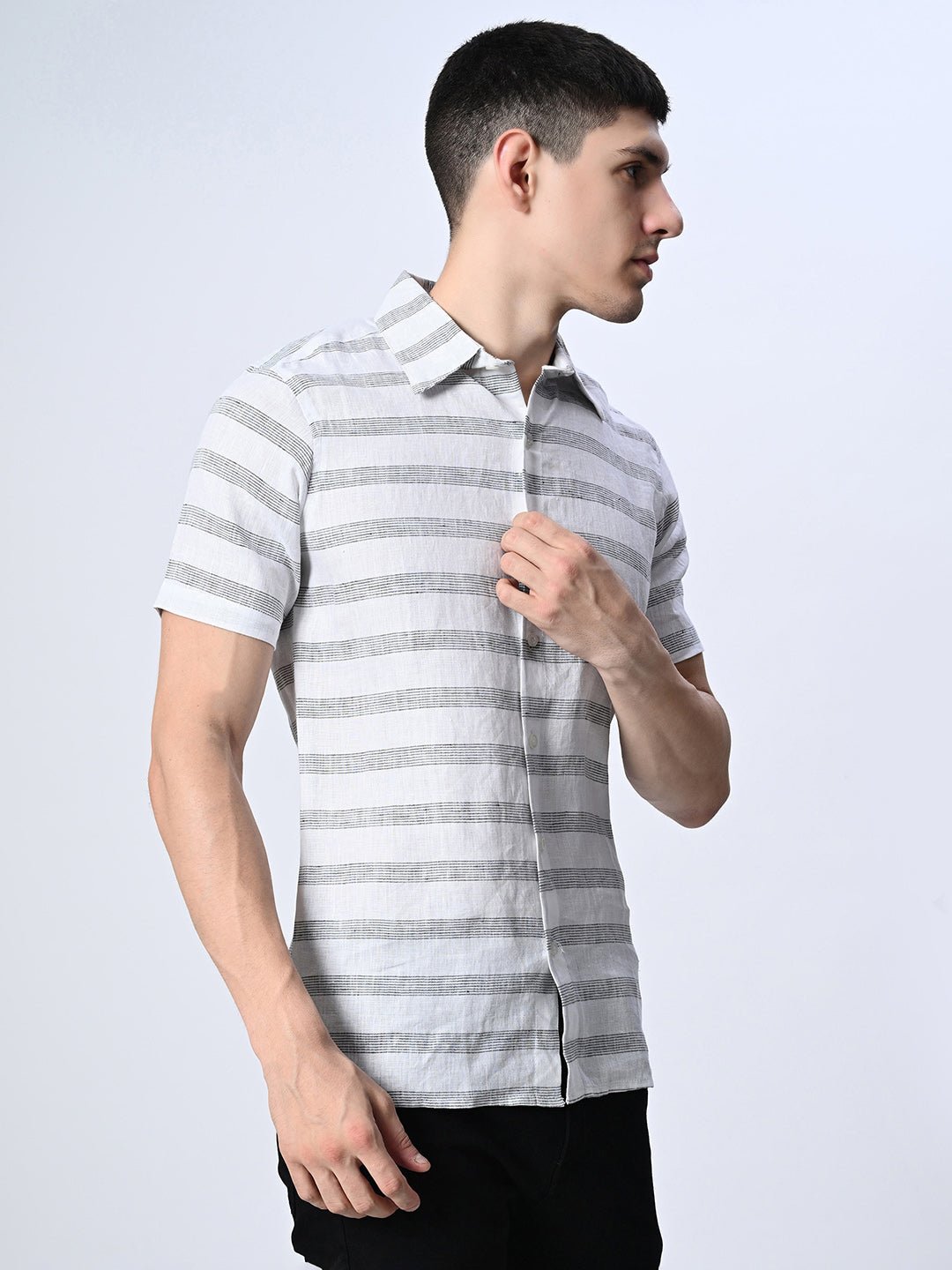 Grey Striped Pure Cotton Shirt - RueCollections