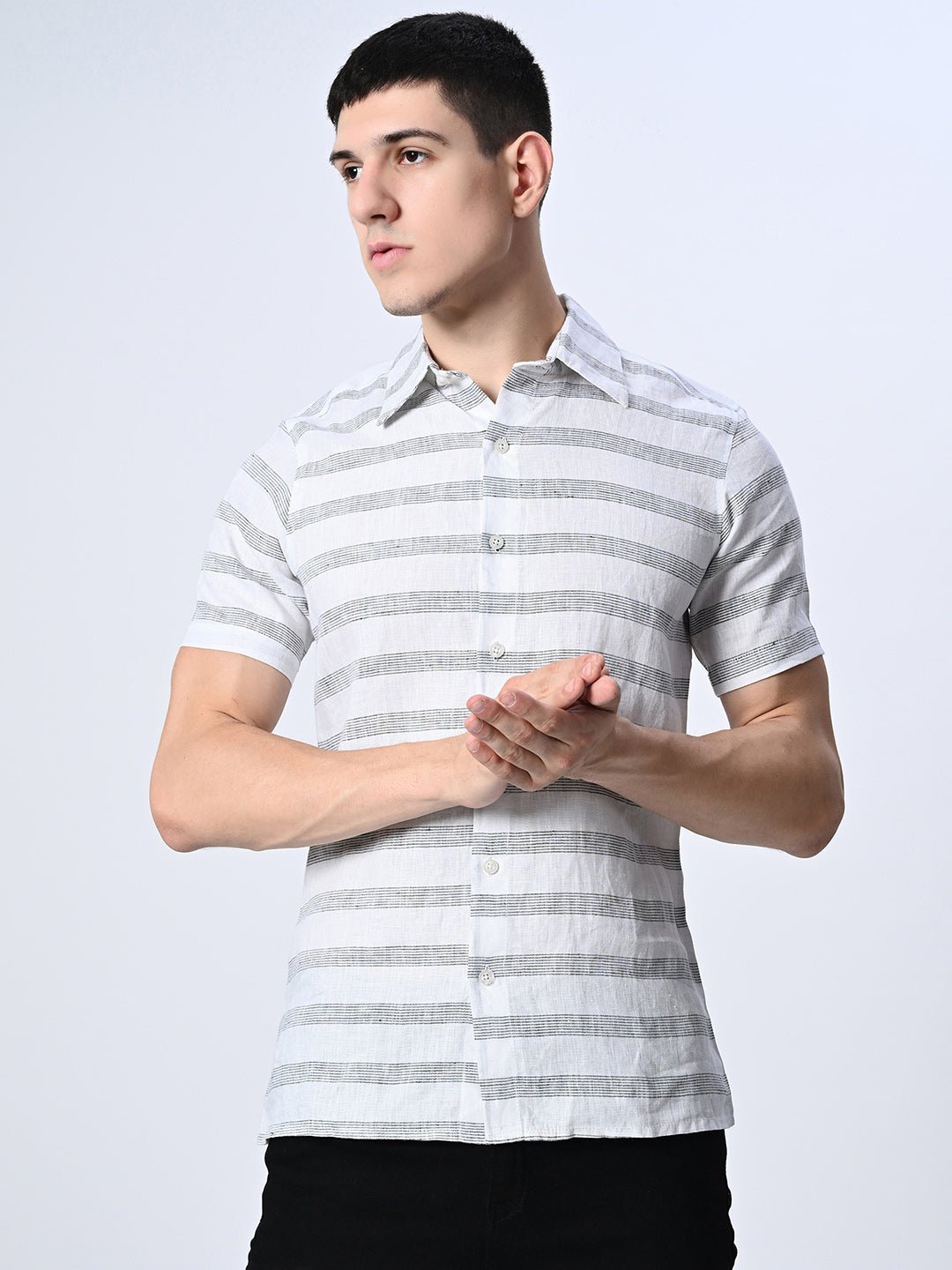 Grey Striped Pure Cotton Shirt - RueCollections