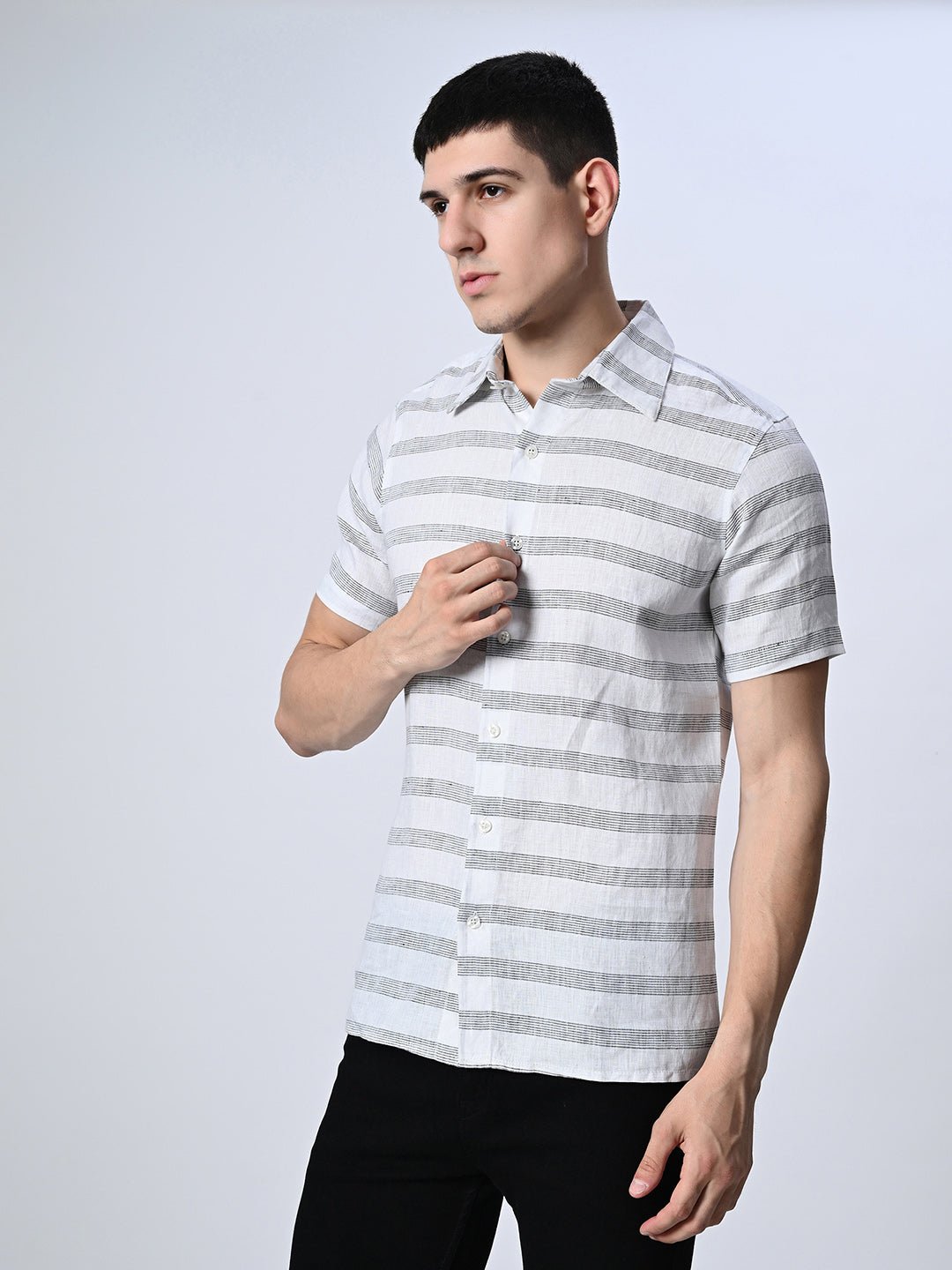 Grey Striped Pure Cotton Shirt - RueCollections