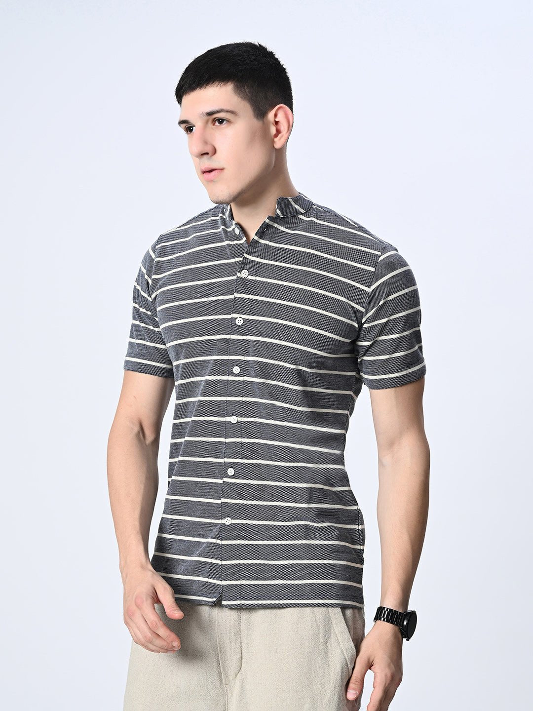 Grey Striped Pure Cotton Shirt - RueCollections