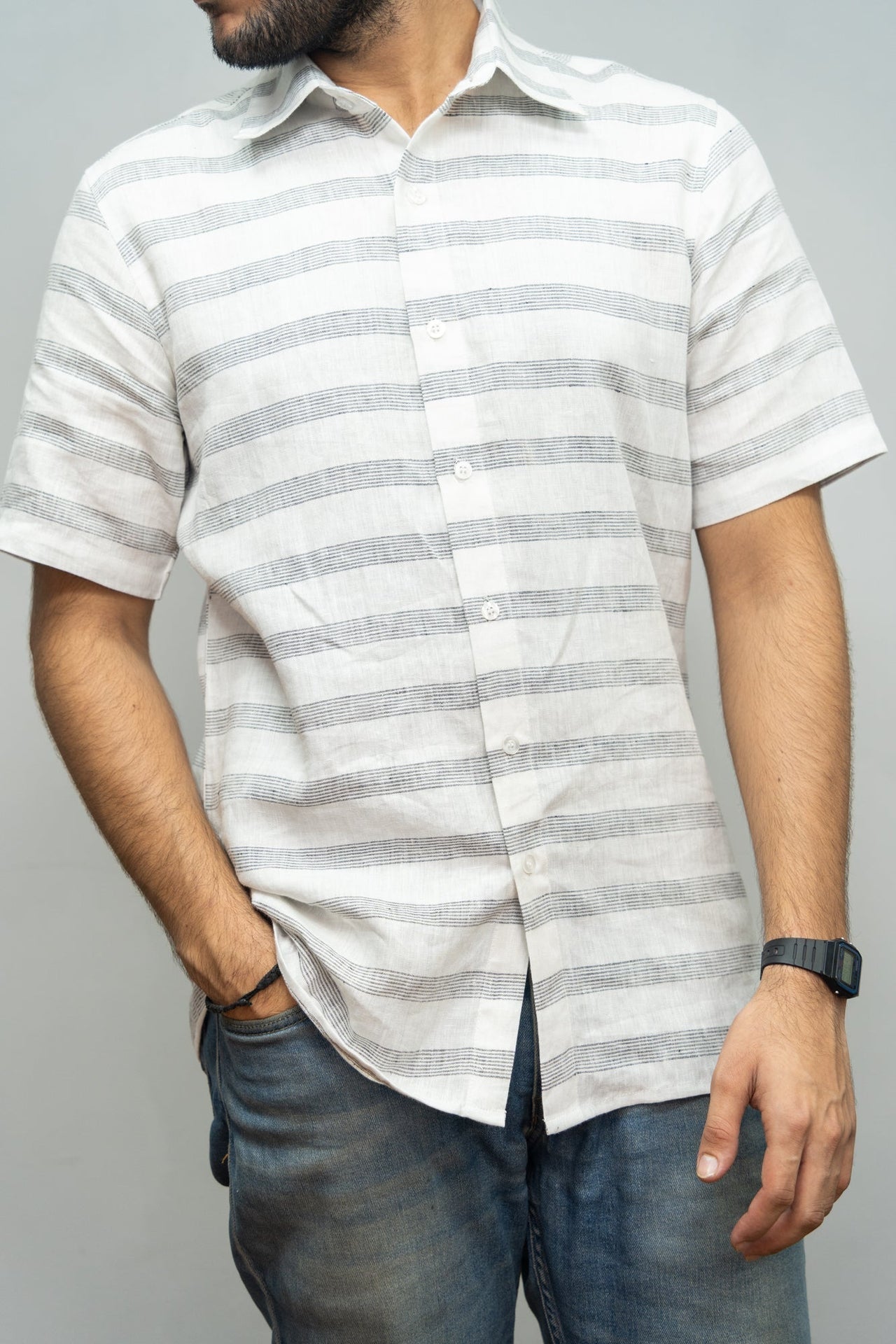 Grey Striped Pure Cotton Shirt - RueCollections