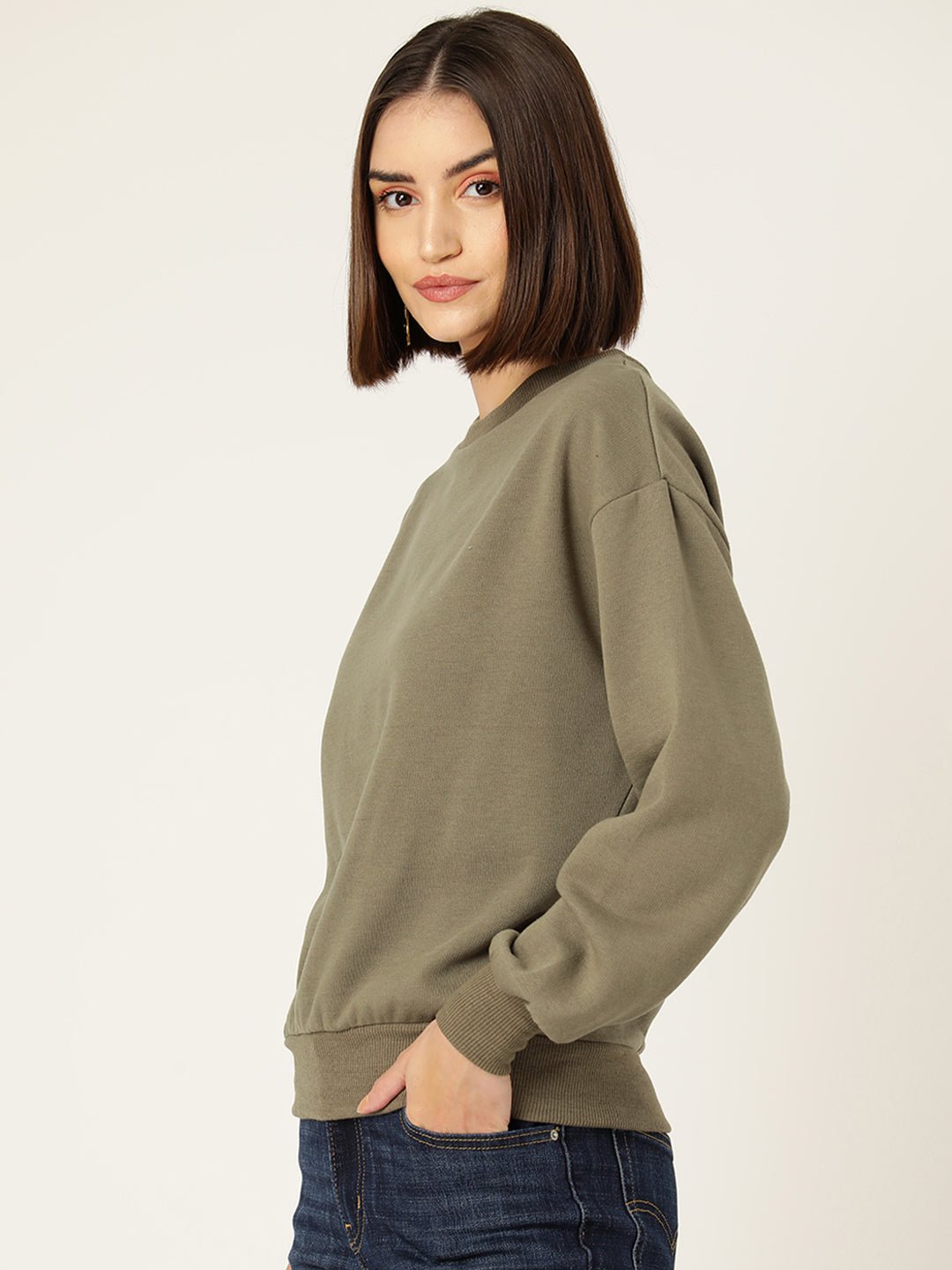 Khaki Solid Fleece Sweatshirt - RueCollections