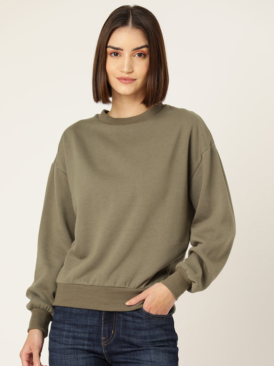 Khaki Solid Fleece Sweatshirt - RueCollections