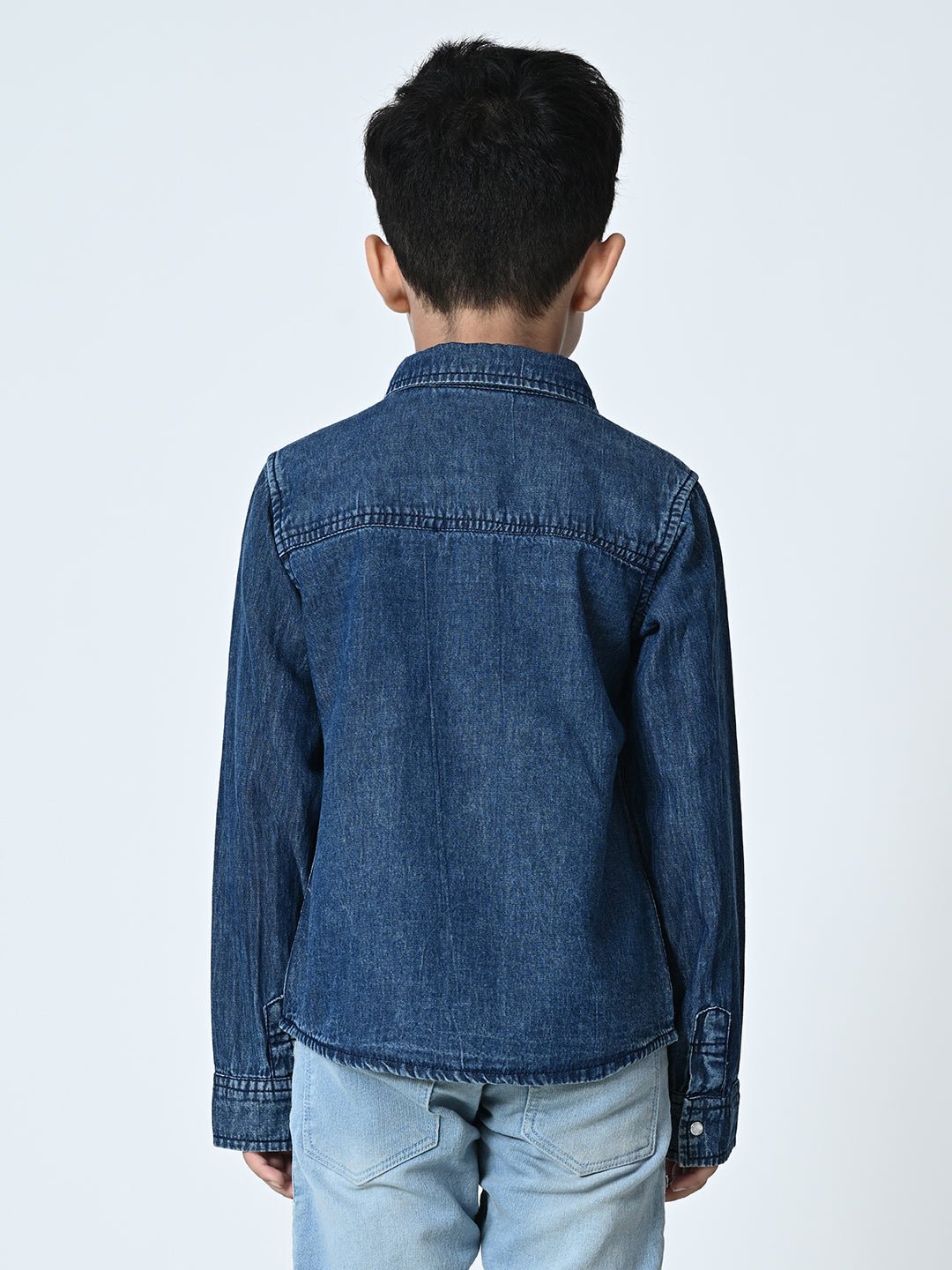 Kids Washed Faded Casual Denim Navy Blue Shirt - RueCollections