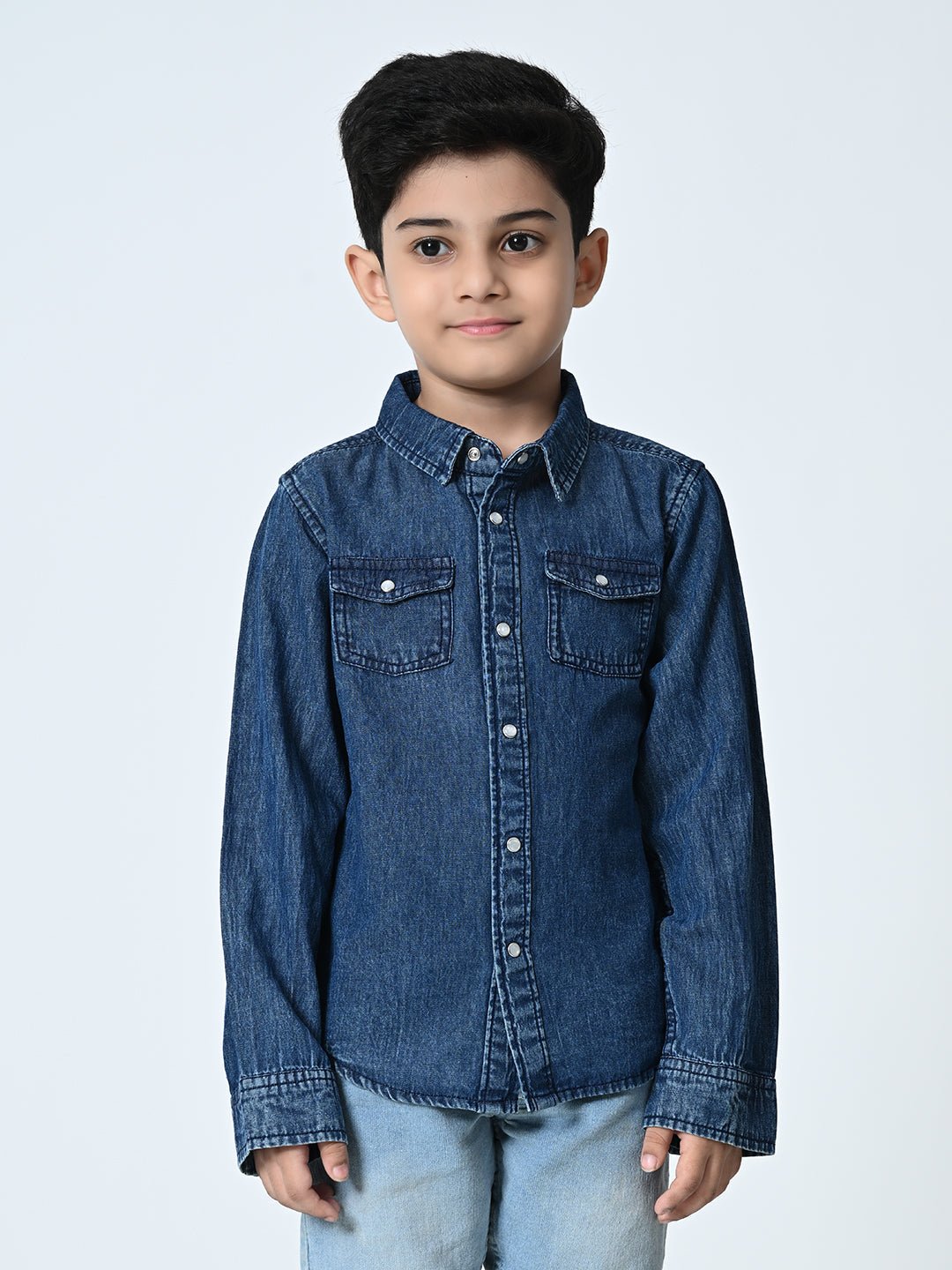 Kids Washed Faded Casual Denim Navy Blue Shirt - RueCollections