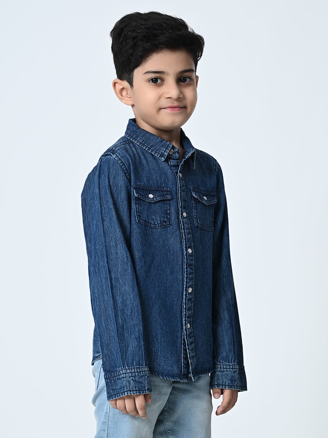 Kids Washed Faded Casual Denim Navy Blue Shirt - RueCollections