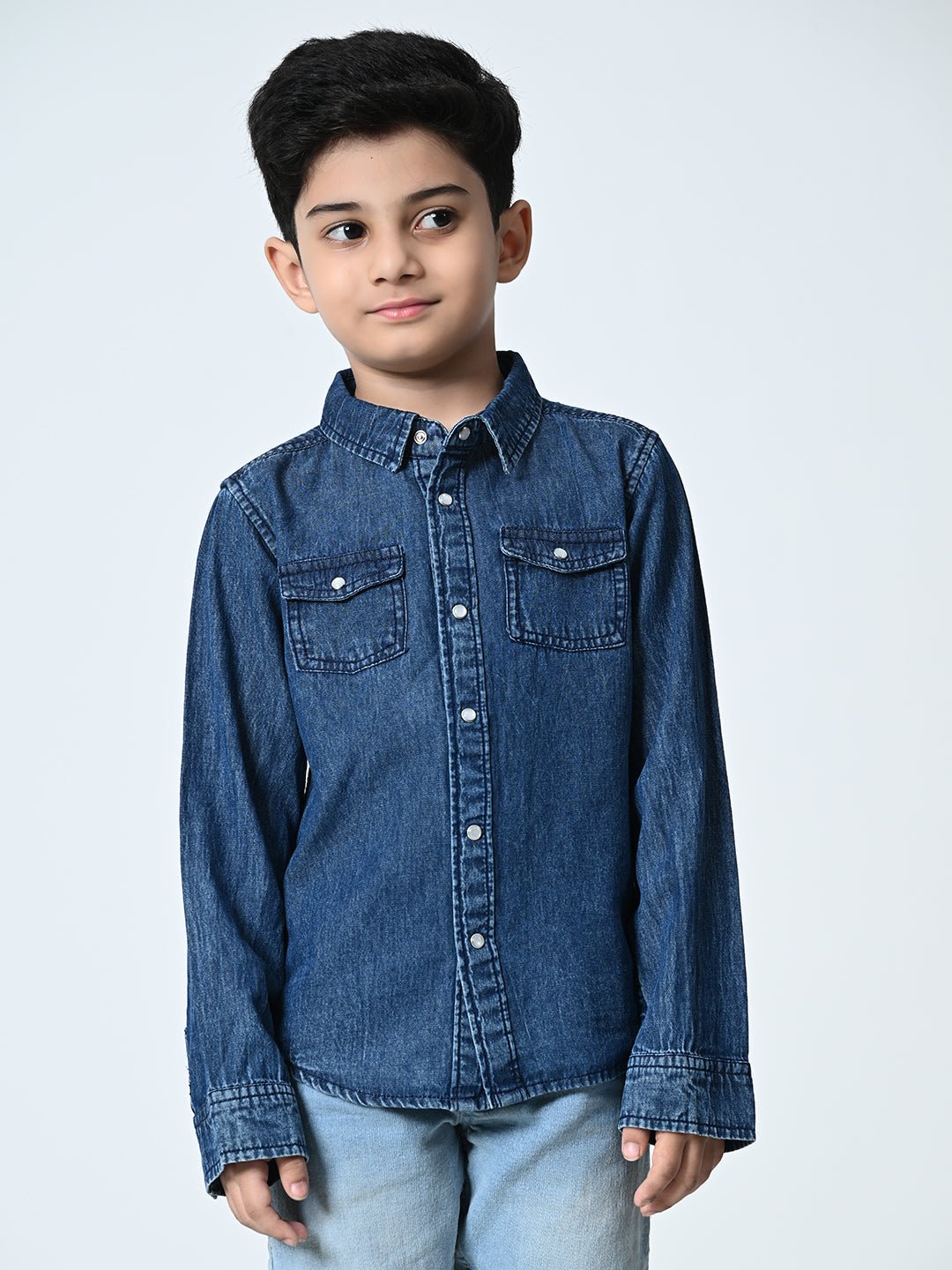 Kids Washed Faded Casual Denim Navy Blue Shirt - RueCollections