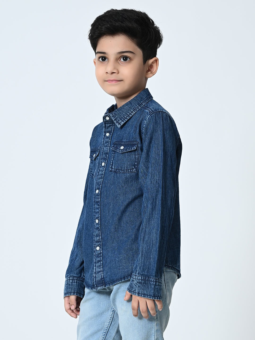 Kids Washed Faded Casual Denim Navy Blue Shirt - RueCollections