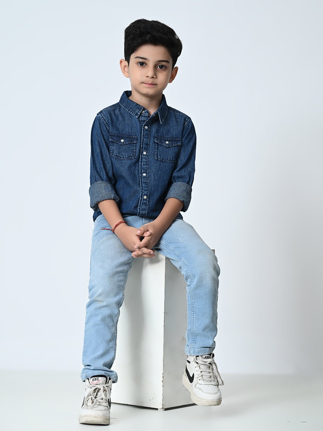 Kids Washed Faded Casual Denim Navy Blue Shirt - RueCollections