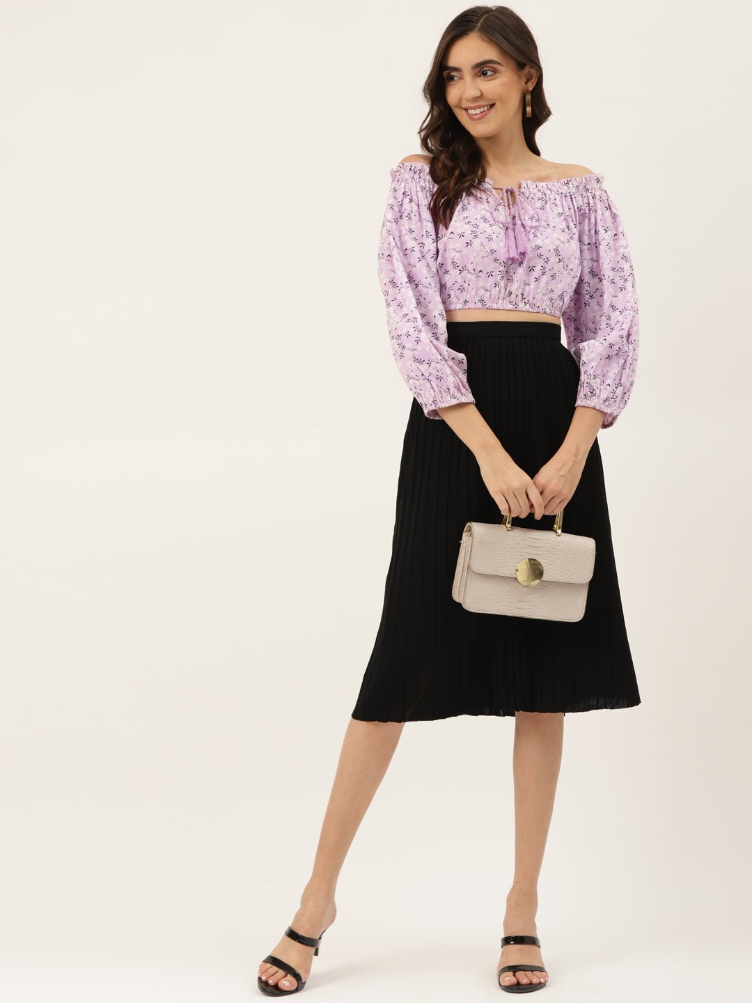 Lavender & White Floral Print Off - Shoulder Blouson Crop Top - RueCollections