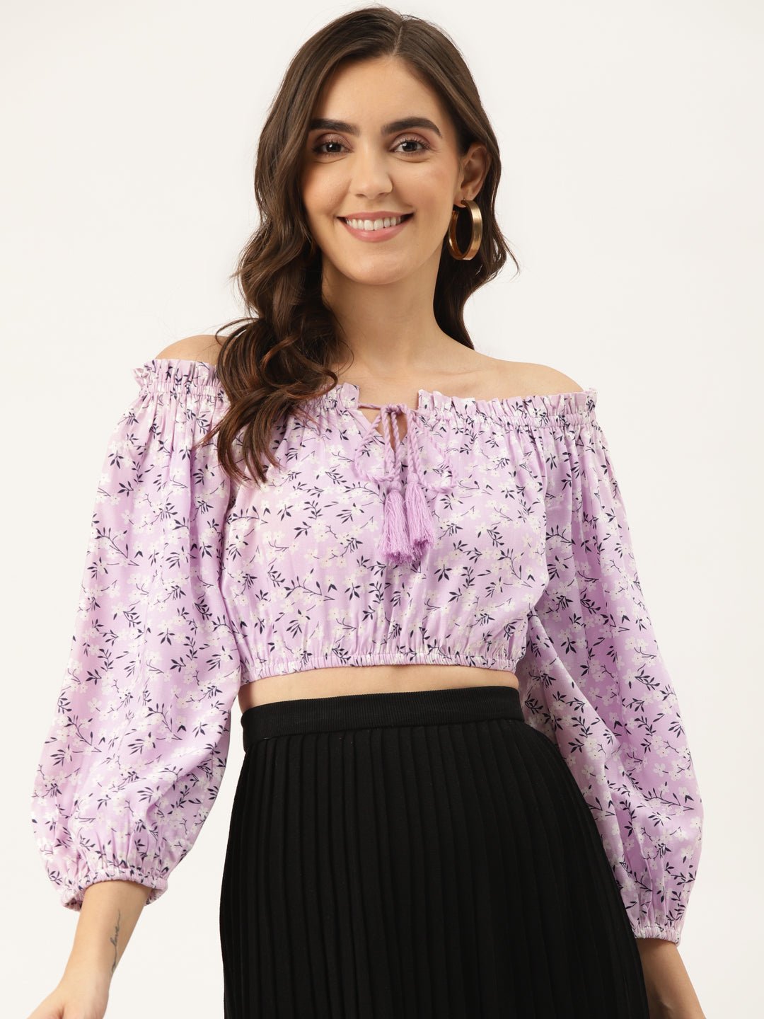 Lavender & White Floral Print Off - Shoulder Blouson Crop Top - RueCollections