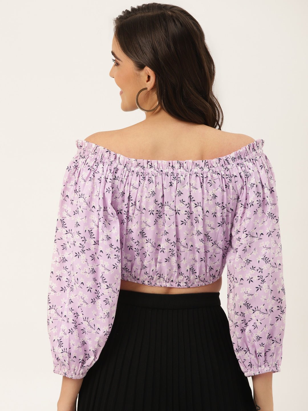 Lavender & White Floral Print Off - Shoulder Blouson Crop Top - RueCollections