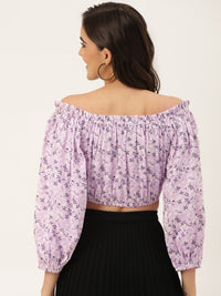 Thumbnail for Lavender & White Floral Print Off - Shoulder Blouson Crop Top - RueCollections