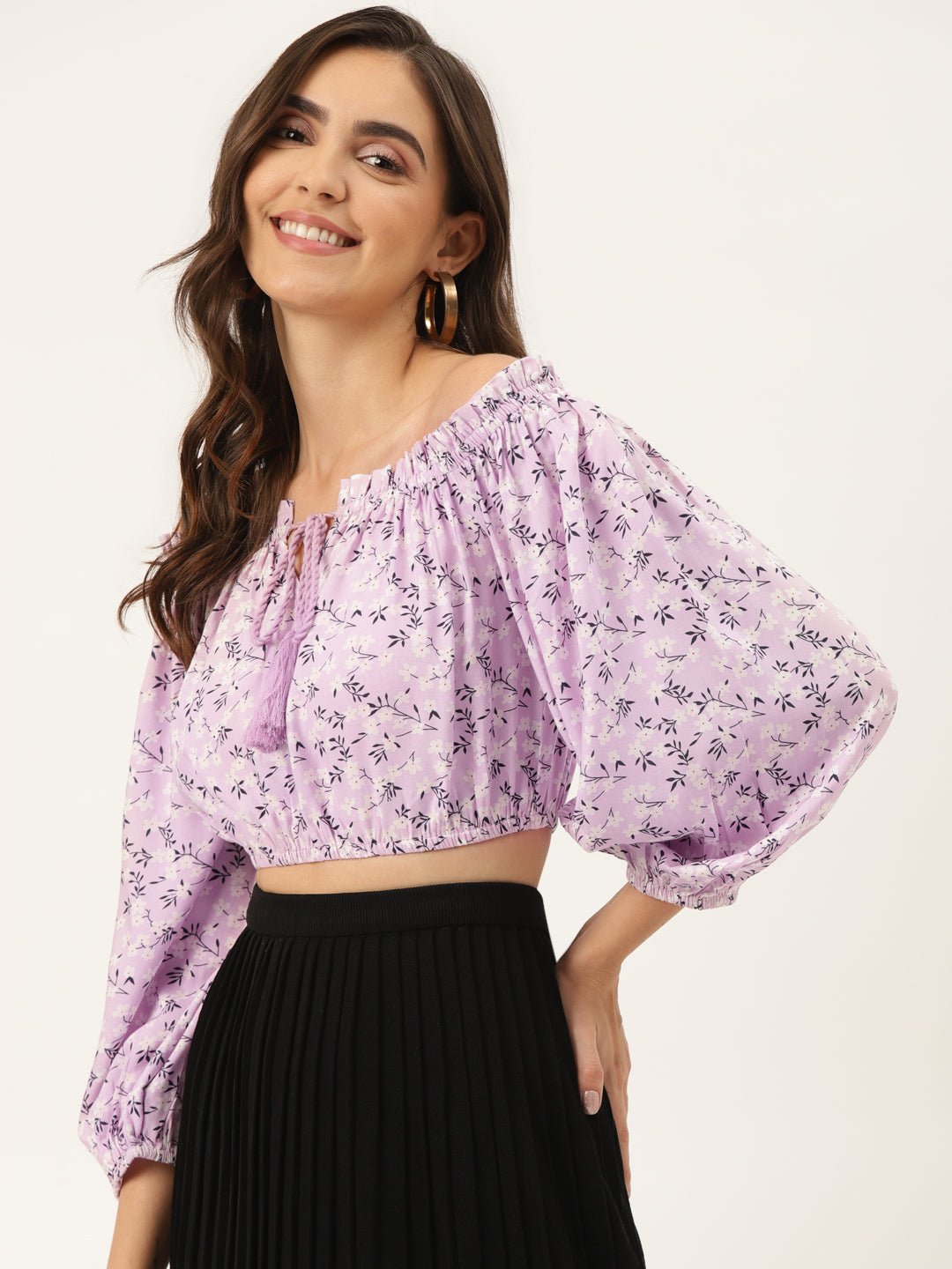 Lavender & White Floral Print Off - Shoulder Blouson Crop Top - RueCollections