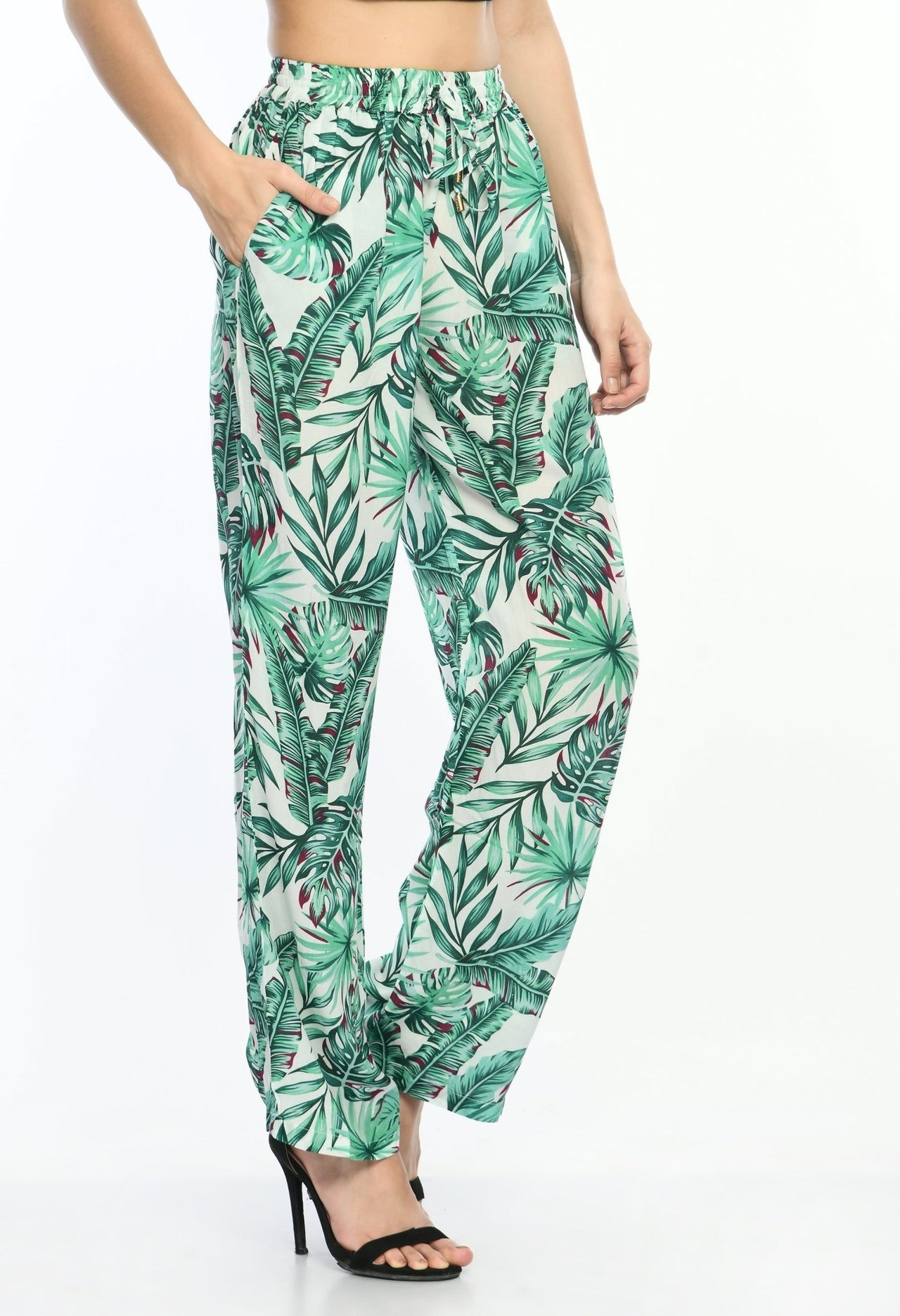 Leaf Printed Viscose Trousers - RueCollections