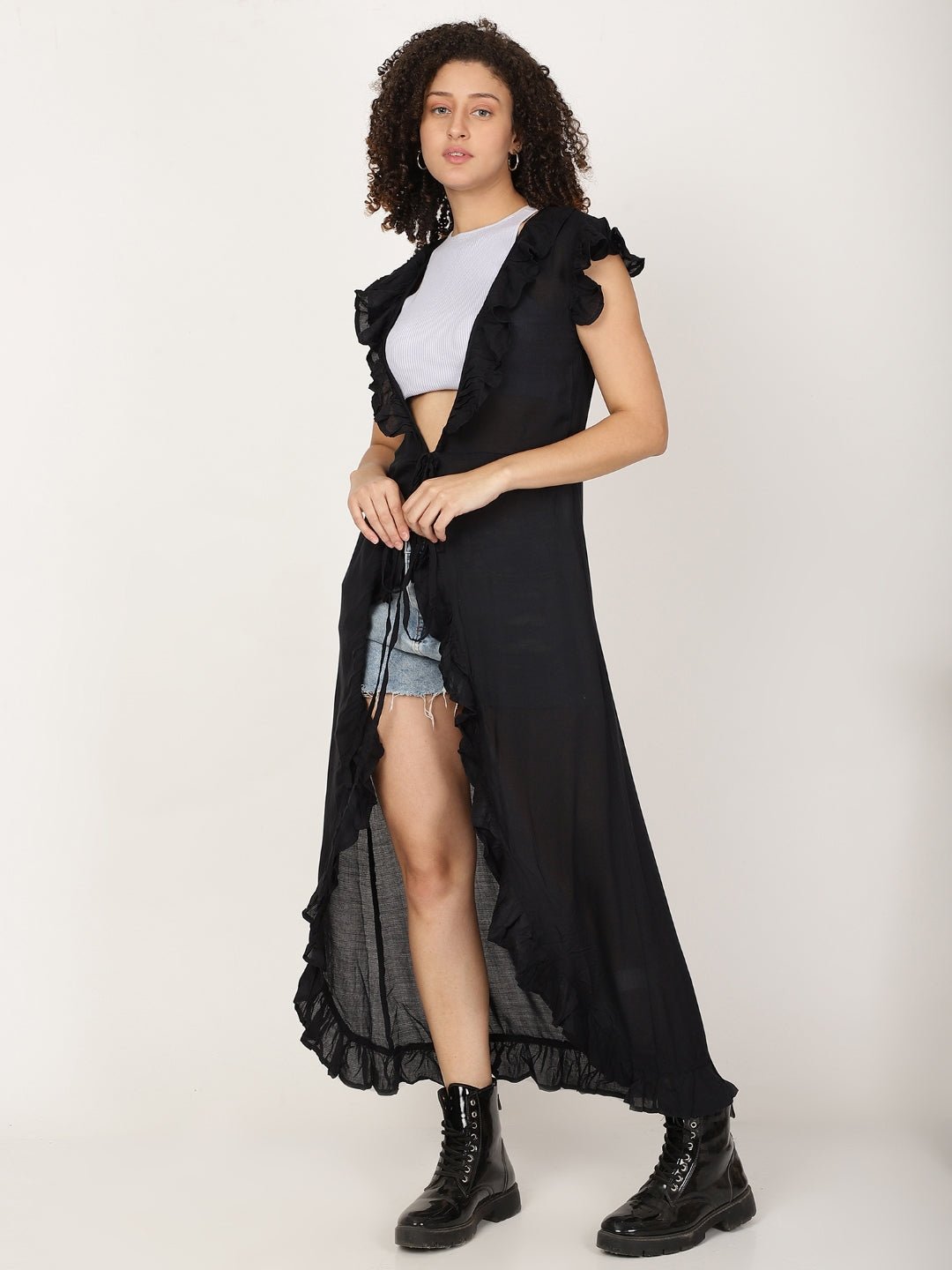 Long Ruffled Kimono shrug With Waist Tie Belt - RueCollections