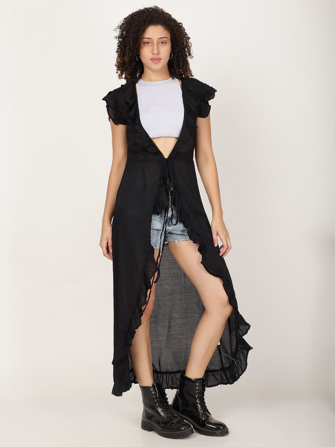 Long Ruffled Kimono shrug With Waist Tie Belt - RueCollections