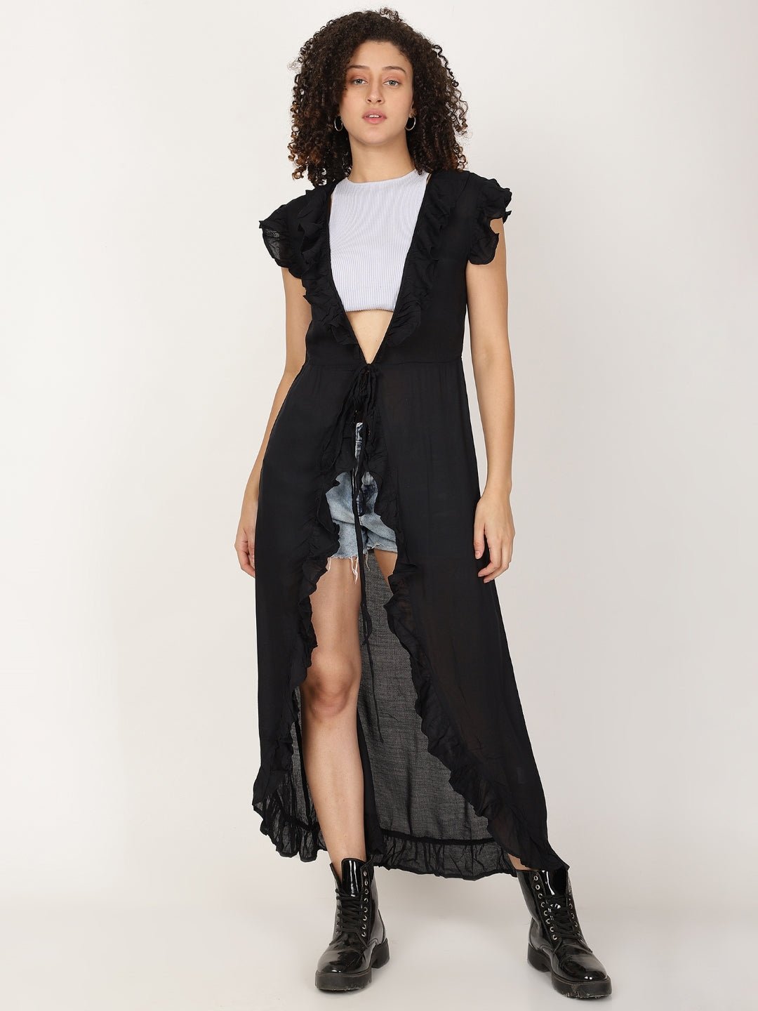 Long Ruffled Kimono shrug With Waist Tie Belt - RueCollections