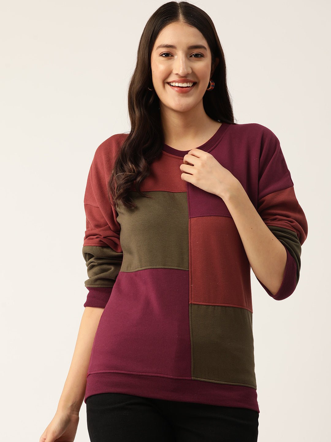 Maroon Colourblocked Fleece Sweatshirt - RueCollections