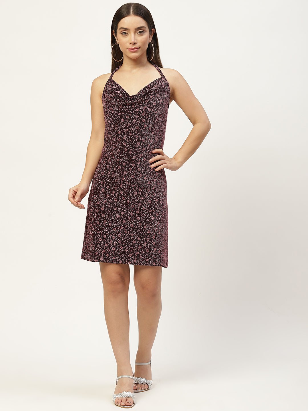 Maroon Embellished Halter Neck Jacquard Sheath Dress - RueCollections