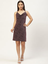 Thumbnail for Maroon Embellished Halter Neck Jacquard Sheath Dress - RueCollections