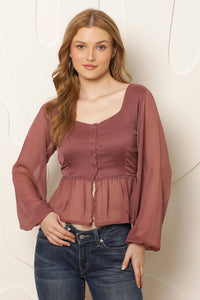 Thumbnail for Mauve Solid Semi Sheer Peplum Top - RueCollections