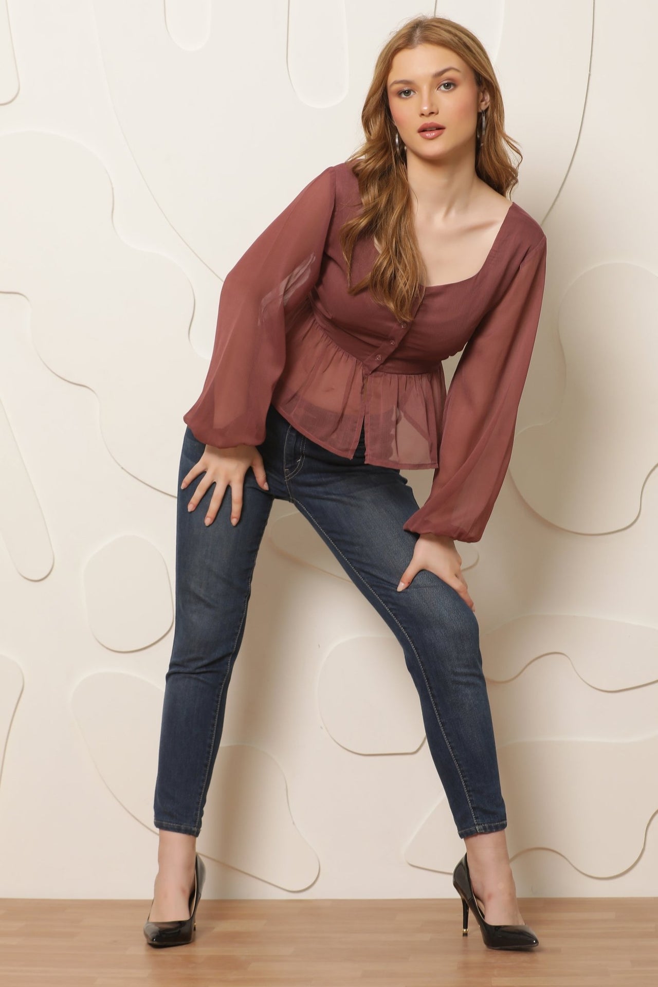 Mauve Solid Semi Sheer Peplum Top - RueCollections