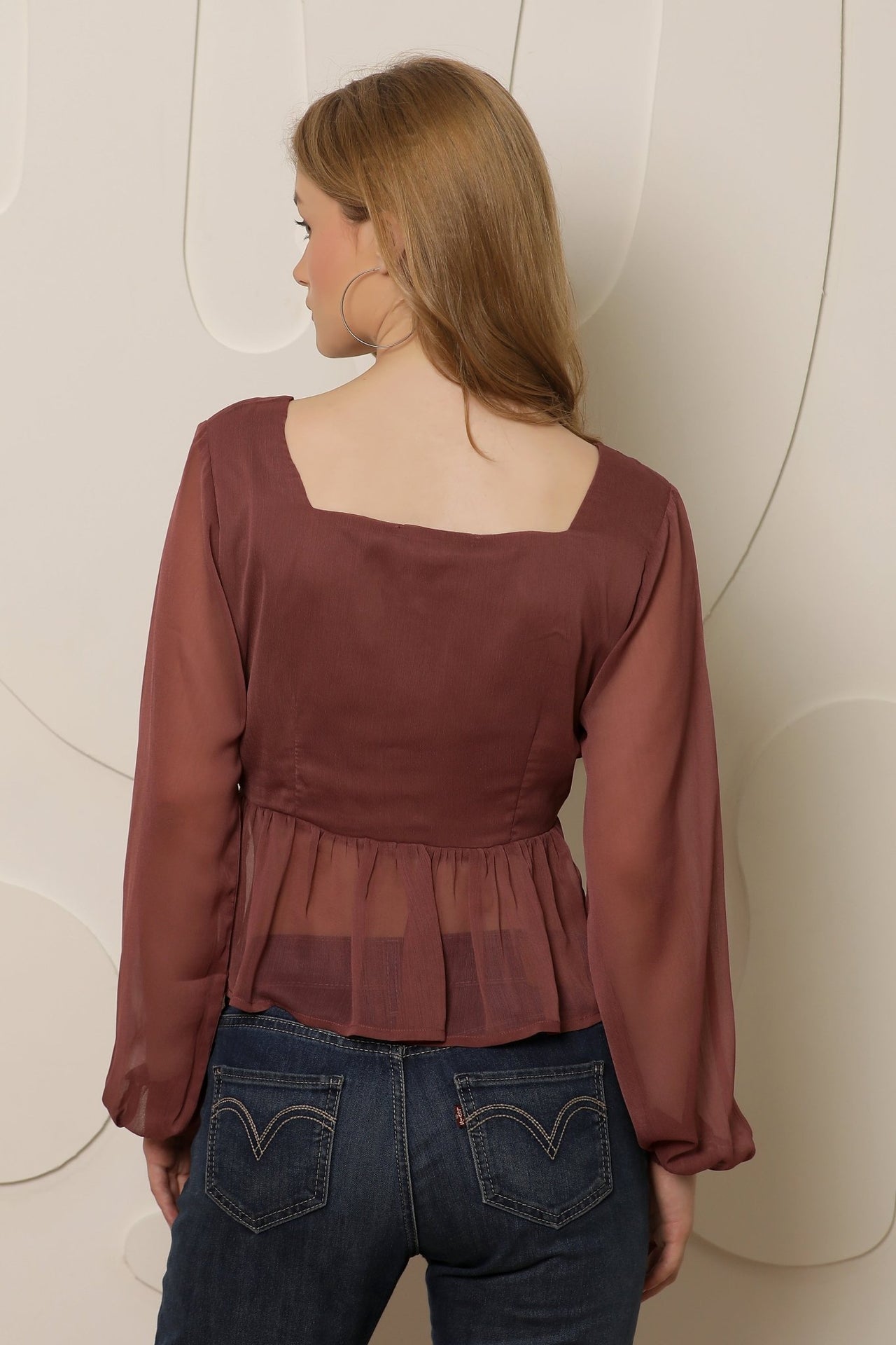 Mauve Solid Semi Sheer Peplum Top - RueCollections