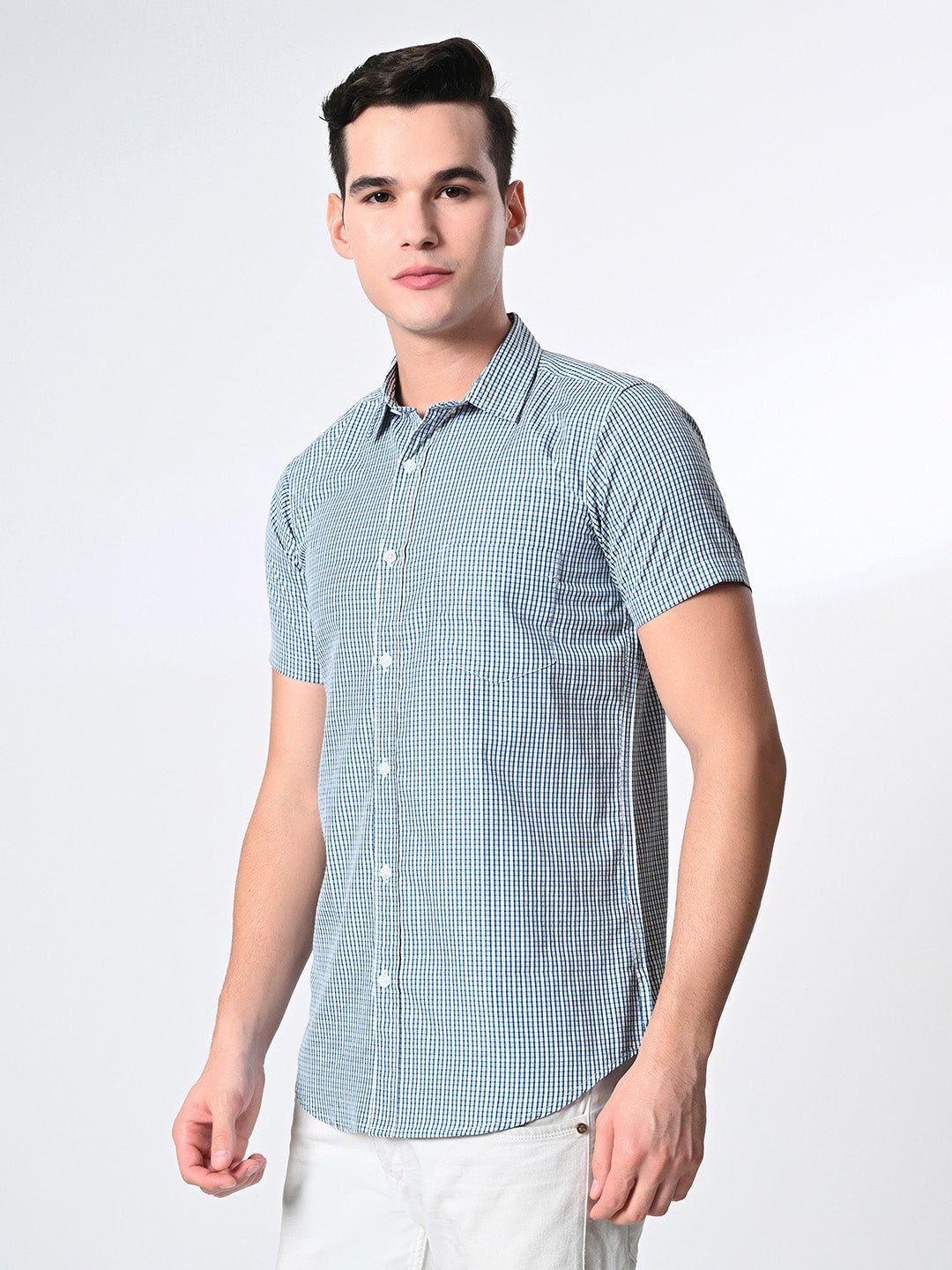 Men's Green PV Half Sleeves Checks Shirt - RueCollections