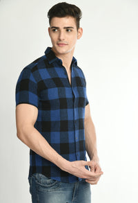 Thumbnail for Men's Half Sleeves Blue Flannel Shirt - RueCollections