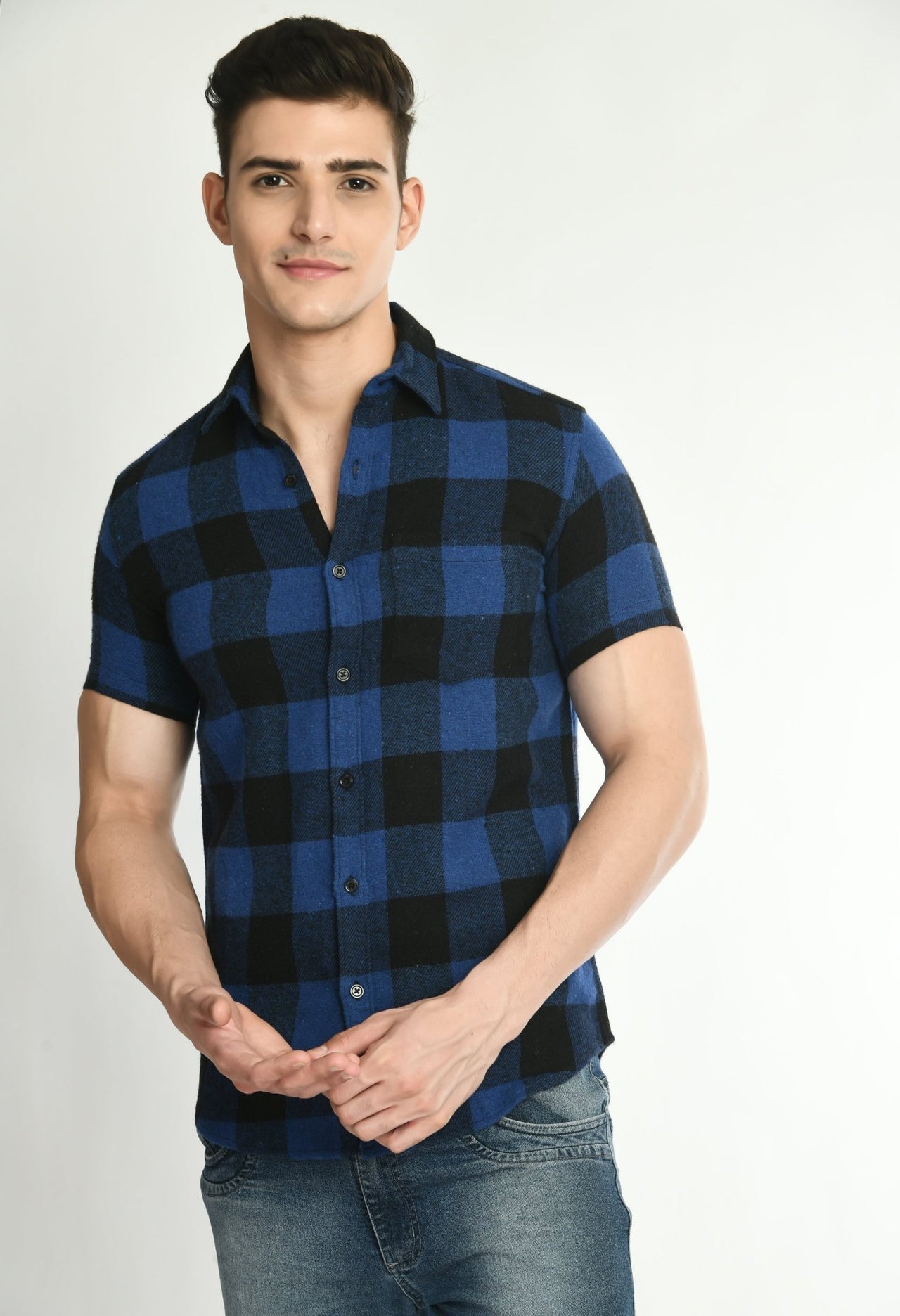 Men's Half Sleeves Blue Flannel Shirt - RueCollections