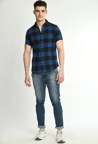 Thumbnail for Men's Half Sleeves Blue Flannel Shirt - RueCollections