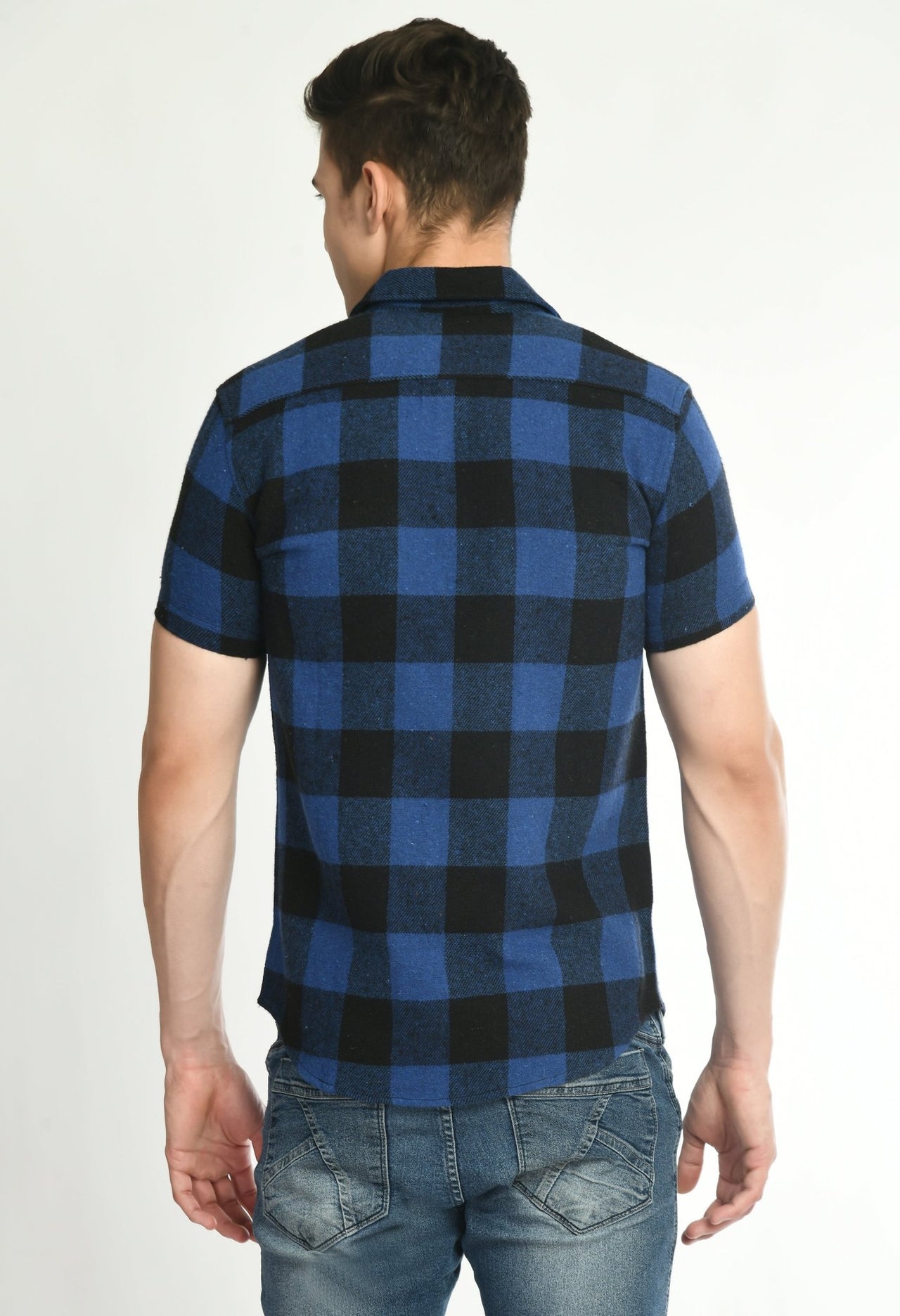 Men's Half Sleeves Blue Flannel Shirt - RueCollections