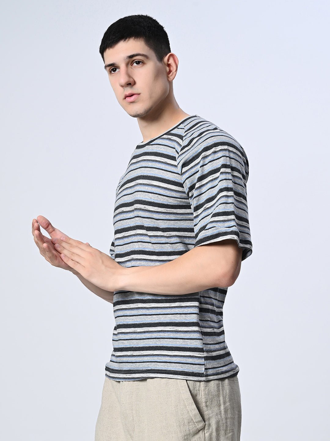 Multi Color Stripes Round Neck T-shirt - RueCollections