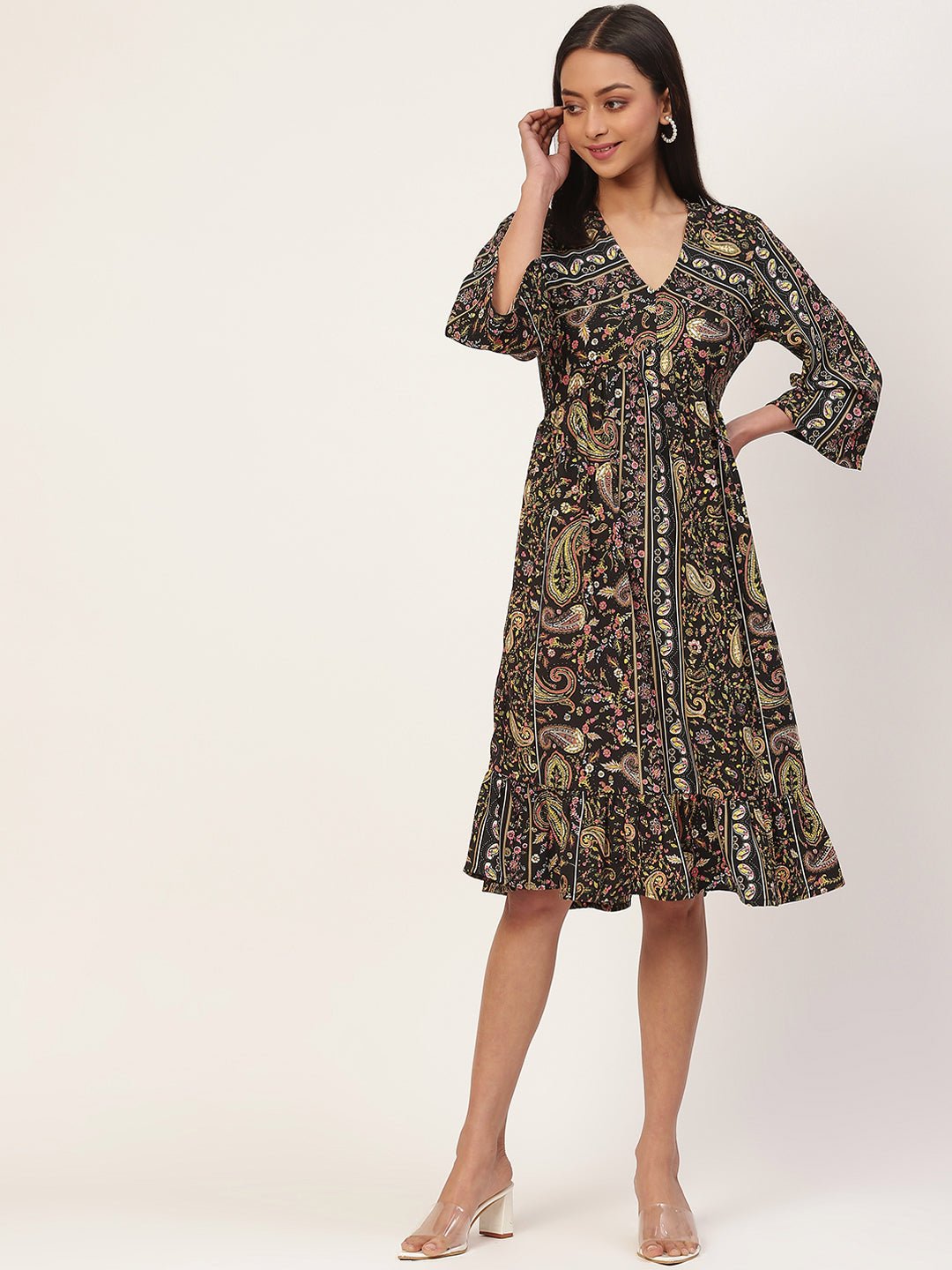 Multicoloured Ethnic Motifs Crepe A - Line Dress - RueCollections