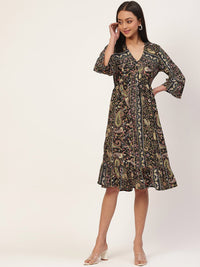 Thumbnail for Multicoloured Ethnic Motifs Crepe A - Line Dress - RueCollections