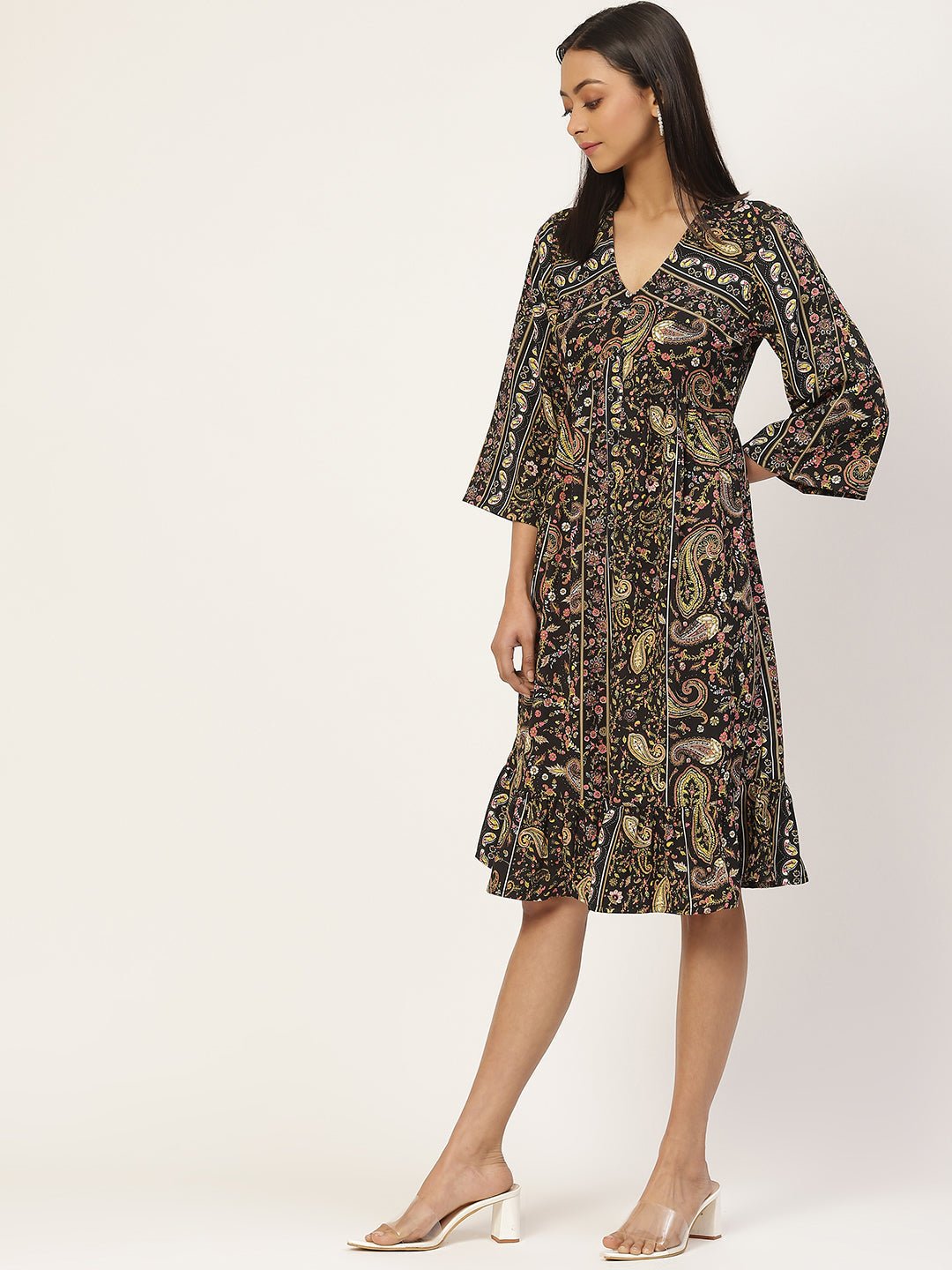 Multicoloured Ethnic Motifs Crepe A - Line Dress - RueCollections