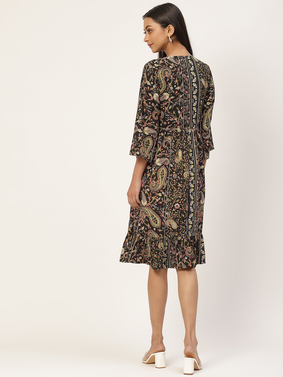 Multicoloured Ethnic Motifs Crepe A - Line Dress - RueCollections