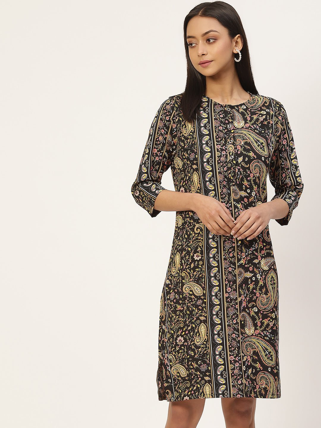 Multicoloured Ethnic Motifs Crepe A - Line Dress - RueCollections