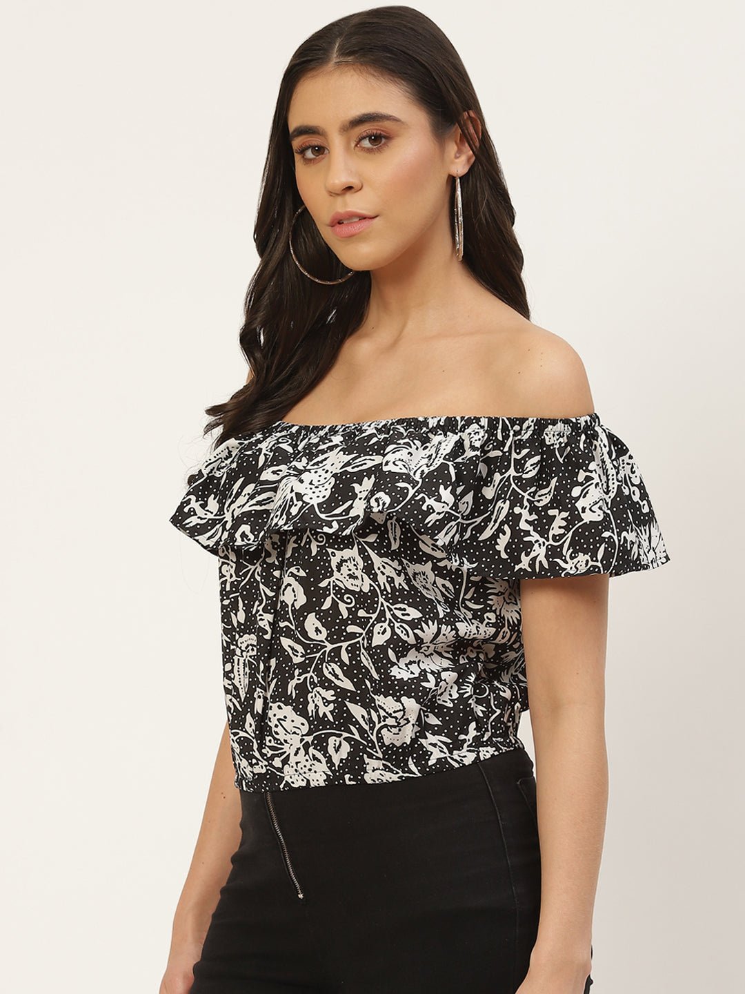 Multicoloured Floral Print Off - Shoulder Ruffles Crepe Bardot Top - RueCollections