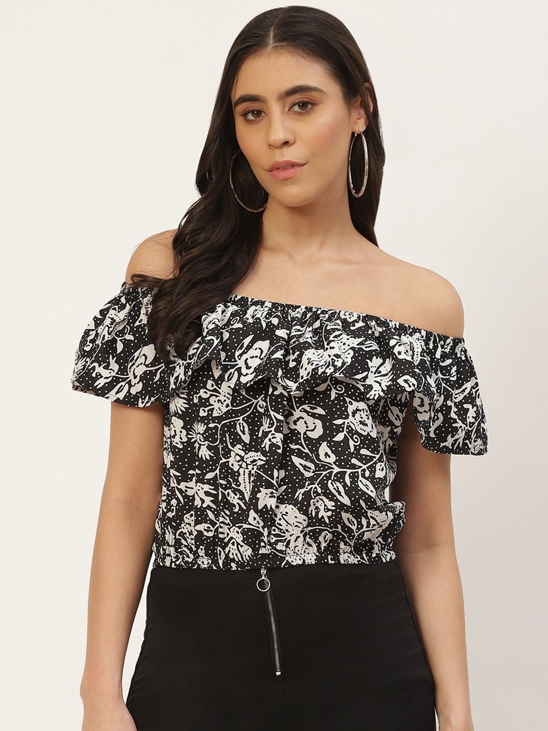 Multicoloured Floral Print Off - Shoulder Ruffles Crepe Bardot Top - RueCollections