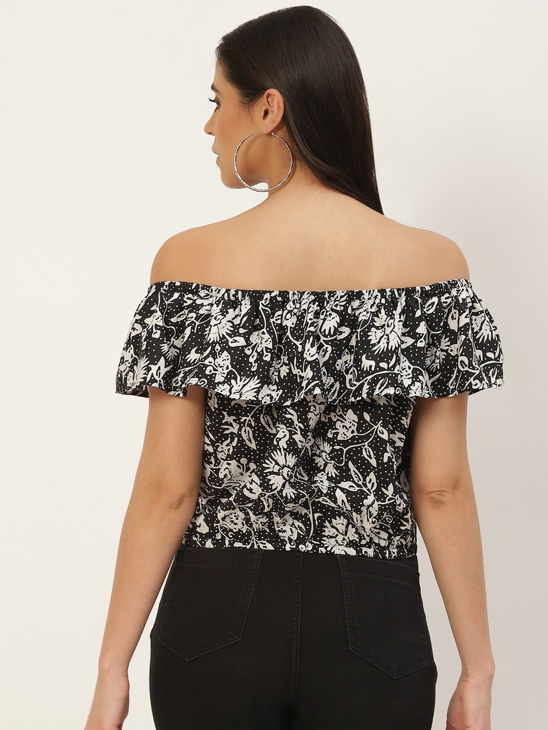 Multicoloured Floral Print Off - Shoulder Ruffles Crepe Bardot Top - RueCollections