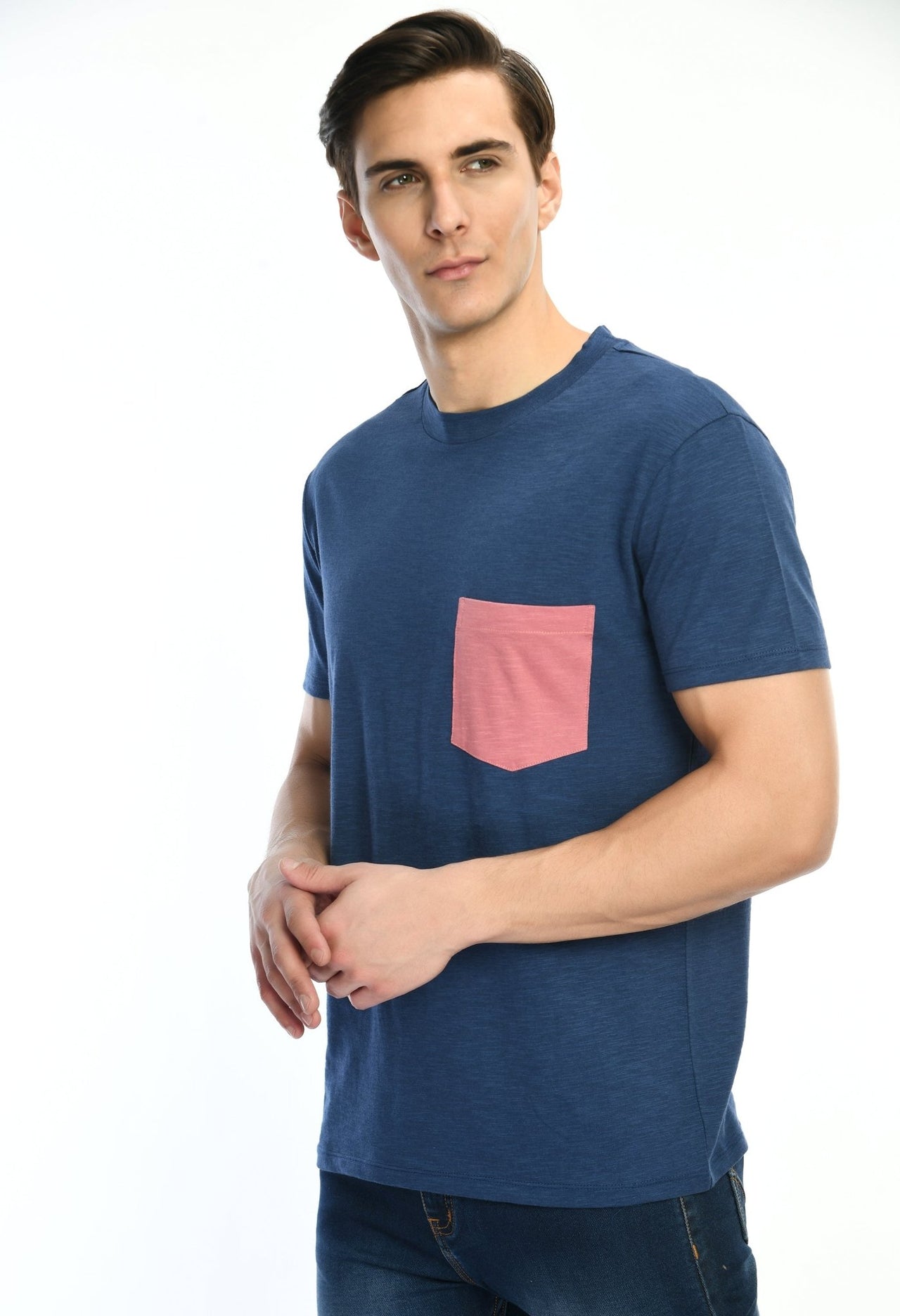 Navy Blue Cotton T-shirt with Contrast Pocket - RueCollections