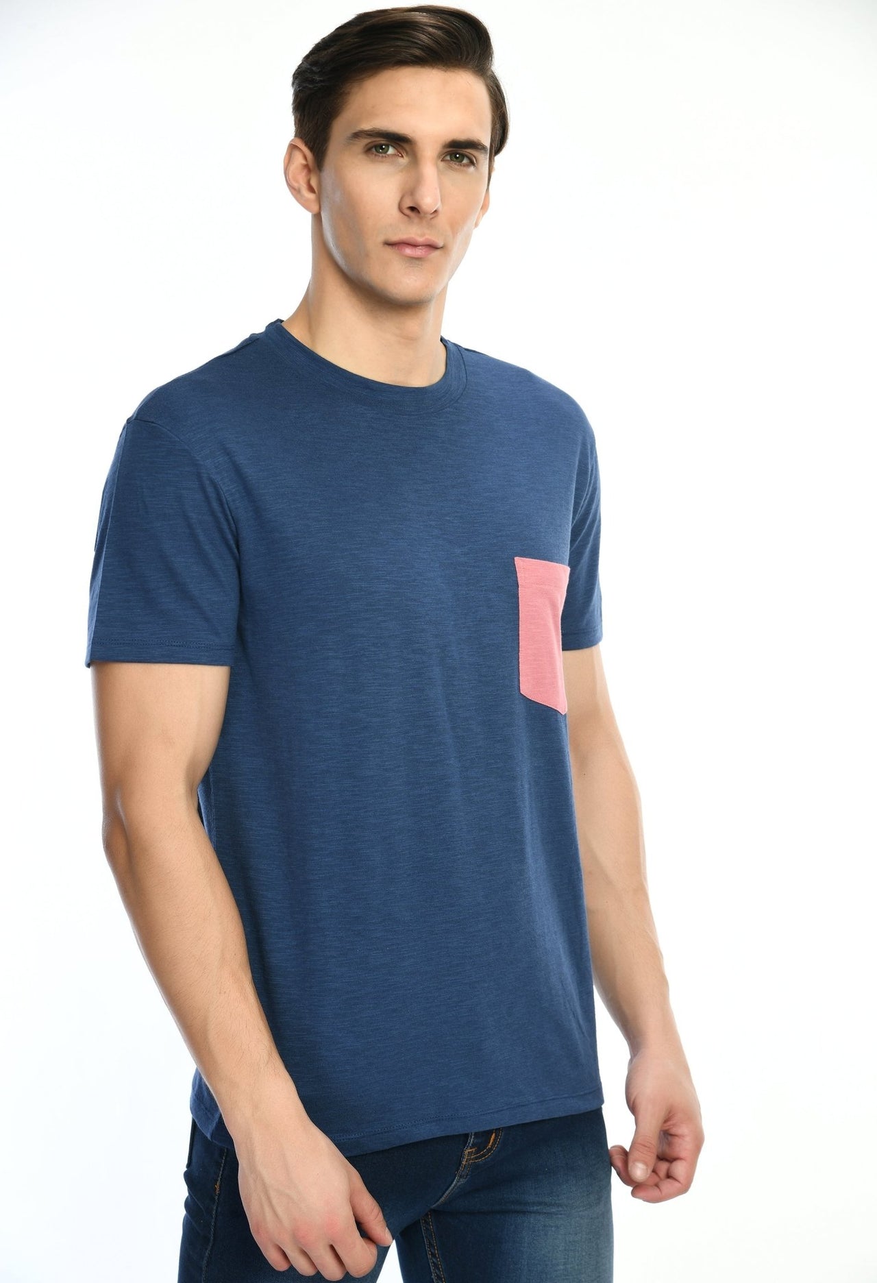 Navy Blue Cotton T-shirt with Contrast Pocket - RueCollections