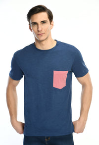 Thumbnail for Navy Blue Cotton T-shirt with Contrast Pocket - RueCollections