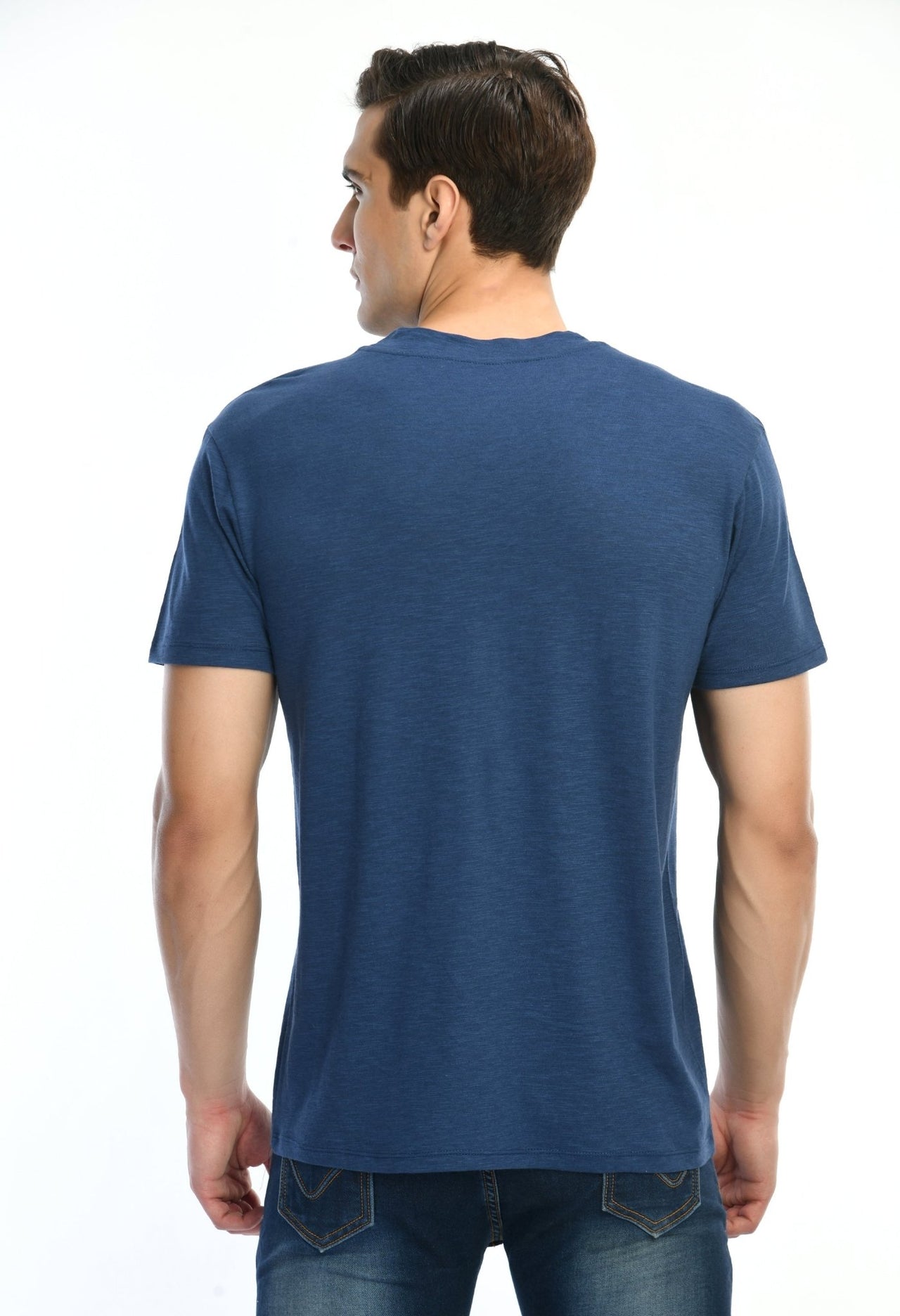 Navy Blue Cotton T-shirt with Contrast Pocket - RueCollections